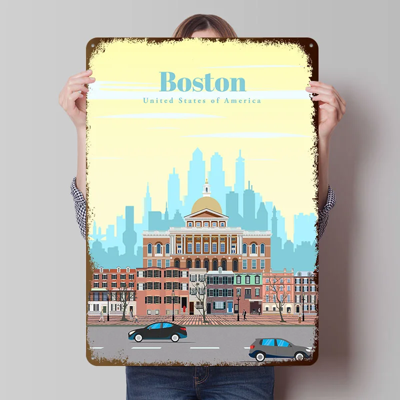 Travel to Boston Printing Poster Customized Retro Wall Art Vintage Metal Signs for Room Bedroom Decoration Gaming House Interior