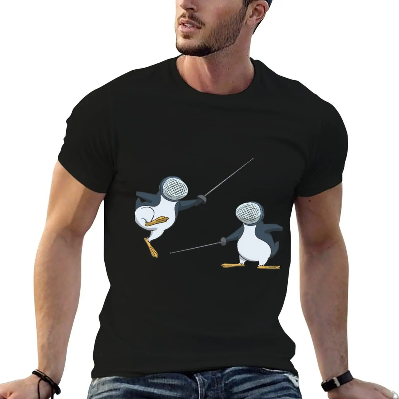 Fencing penguins T-Shirt quick drying funny meme t-shirts mens cotton t shirts