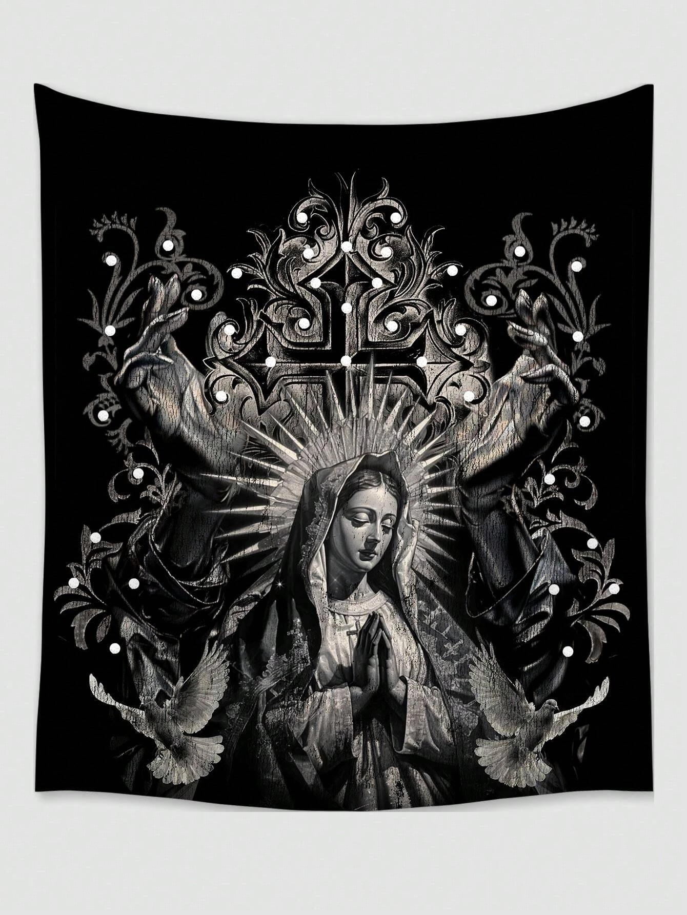 ROMWE Goth Dark Holy Lady Dove Cross Wandteppich, Wandbehang aus Polyester für Wohnzimmer, Schlafzimmer, Zuhause, Camping, Wanddekoration für alle Jahreszeiten