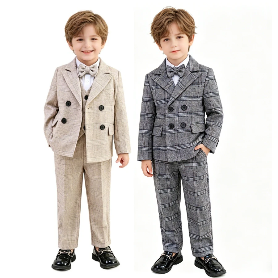 Boys Plaid Double Breasted Suit Set with Bow Tie, Spring Autumn Kids Grey Formal Wedding Party Outfit for Performance & School
