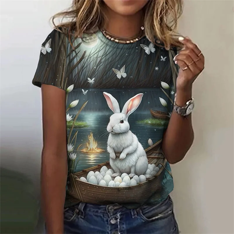 Cute Rabbit Pattern T-Shirt For Women Funny Animal 3D Printed T Shirts Summer Casual Round Neck Tops Short Sleeves Loose Tees