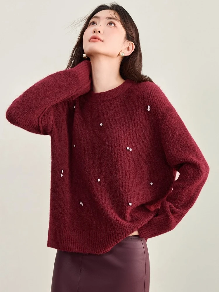 Sweter damski SENTUBILA z wełny, pulower, jesień 2025, do pracy, ręcznie robiony, z dżetami, okrągły dekolt, luźny, lekki, dzianinowy top W53EE3375