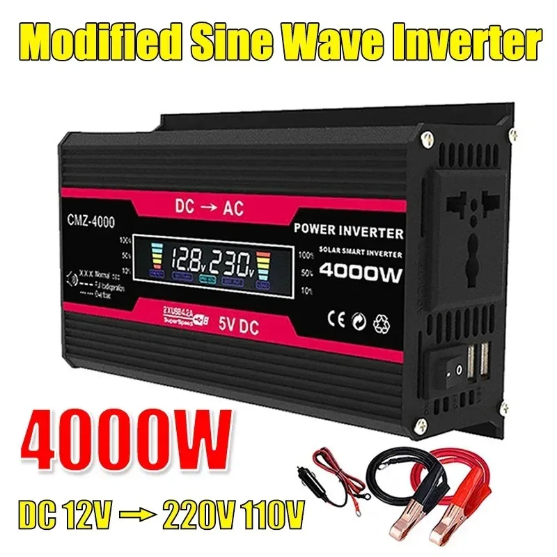 

4000W Modified Sine Wave Inverter with 2USB Universal Socket Intelligent LCD Display 4.2A Fast Charging Voltage Converter