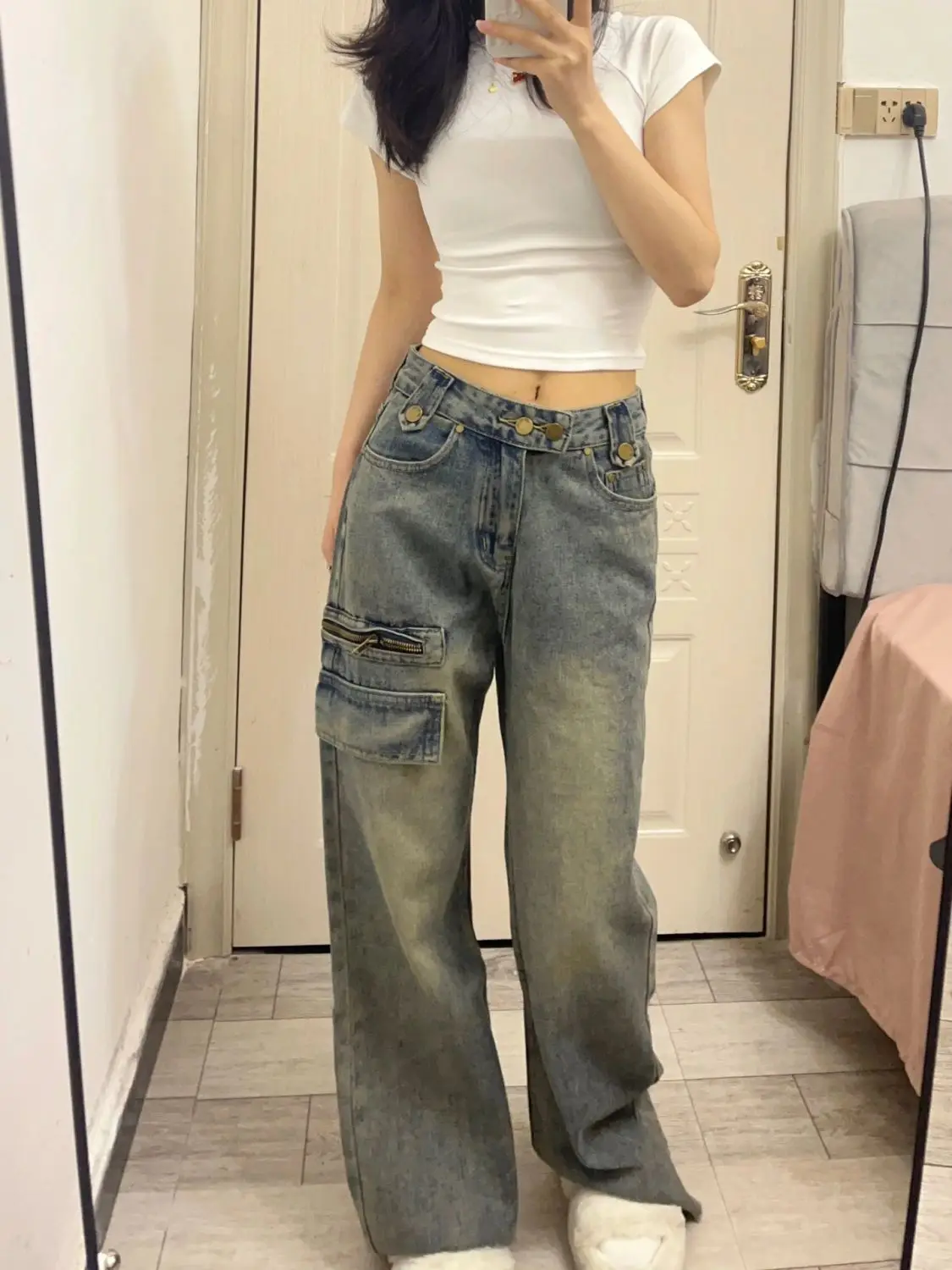 

Джинсы для девочек, японская винтажная одежда, потертая, разрушенная, рваная, с потертым подолом, женская одежда, джинсовая мода, альтернативный панк в стиле гранж