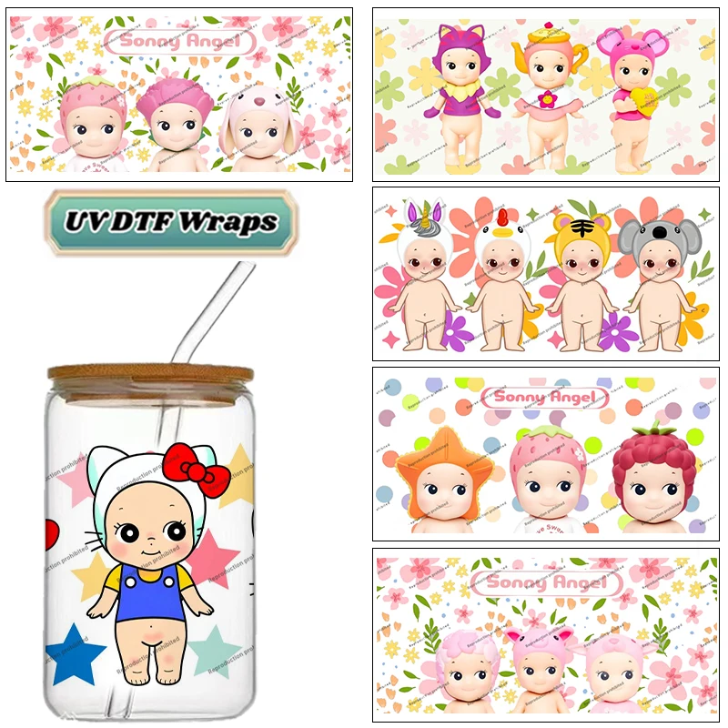 Kawaii Angel Doll UV DTF Wraps Transfer Sticker DIY For 16oz Libbey Glass Cup Waterproof Wrap Transfers Decals Cup
