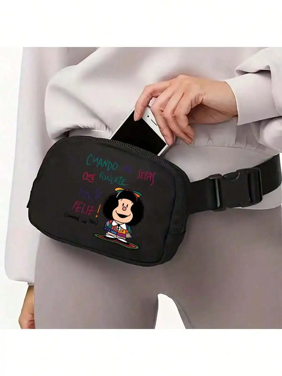 

1 2D Mafalda Pattern Sporty Waist Bag Phone Bag Nylon Fashion Casual Simple Unisex Student Cycling Hiking Sports Waist Bag