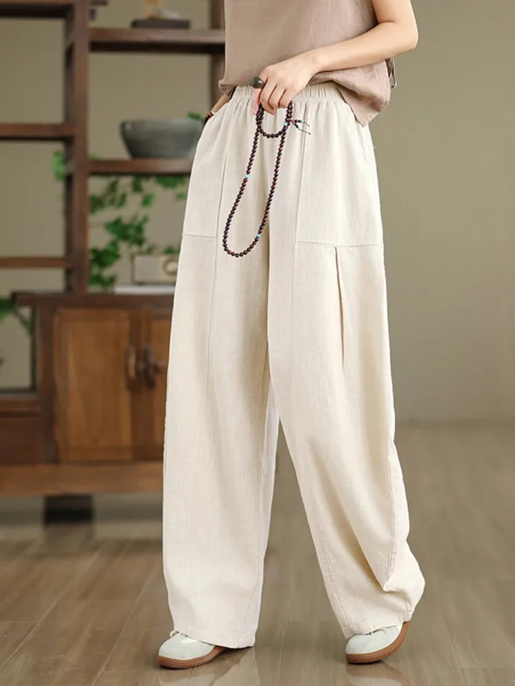 Pantalon lanterne rétro Zen en coton et lin pour femmes, ample, taille élastique, grande taille, pantalon d'entraînement Tai Chi, Long décontracté