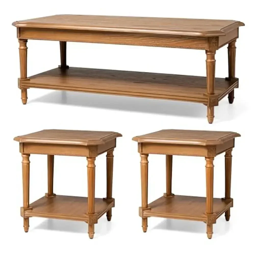 Hand-Carved Wooden Coffee Table Set Distressed Finish Elegant Traditional Design Solid Wood Construction  Quality