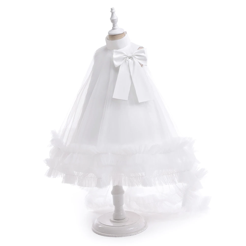 Trailing White Party Dress For Girl Children Costume Bow Birthday Princess Dresses Elegant Girls Clothes Wedding Gown 3-8 Year