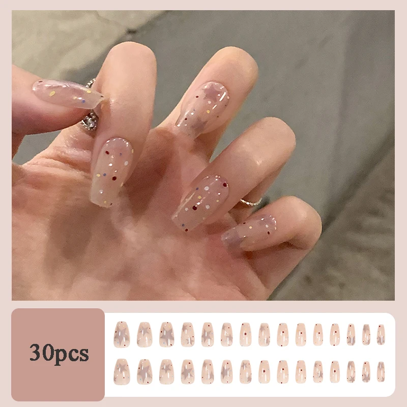 

30Pcs Medium Square Press on Nails Y2K Star Dot Designs for Cool Girls Nude Color Fake Nails for Women Full Cover False Nail Tip