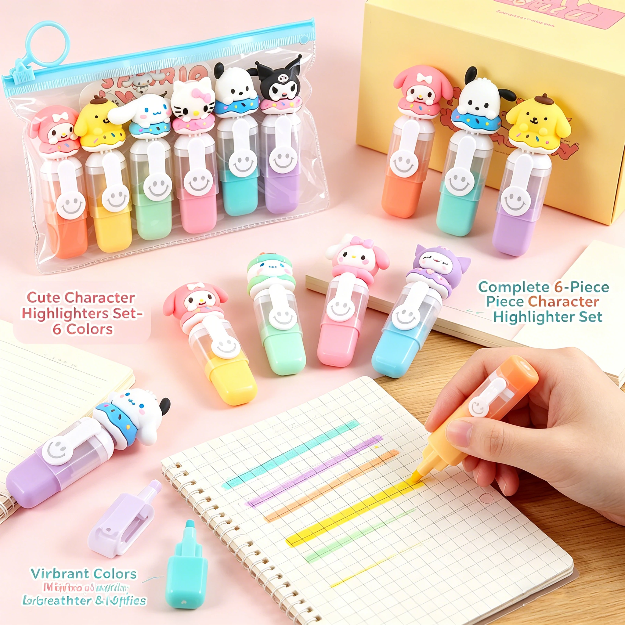 6 Marcadores Sanrio, Lindos Marcadores de Kuromi, Cinnamoroll y My Melody para Niños, Material Escolar de Arte, Regalos para Niños