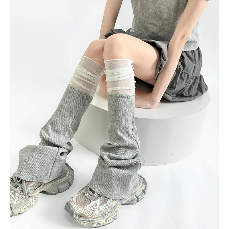 Japanese Style Knitted Leg Warmers with Mesh Panels for Girls Casul Fashion Grey White Flared Scrunch Design for Spring Fall
