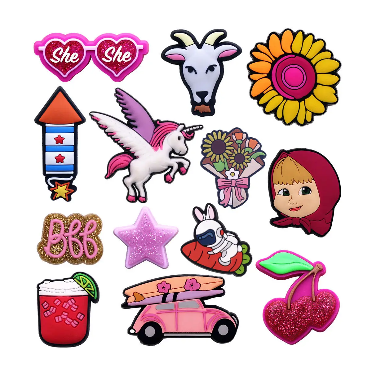 

NEW 1 Pcs Pink Travel Car PVC Shoe Charms Decorations Shining Cherries Shoe Buckle Accessories Unicorn Clogs Clips Friends Gifts