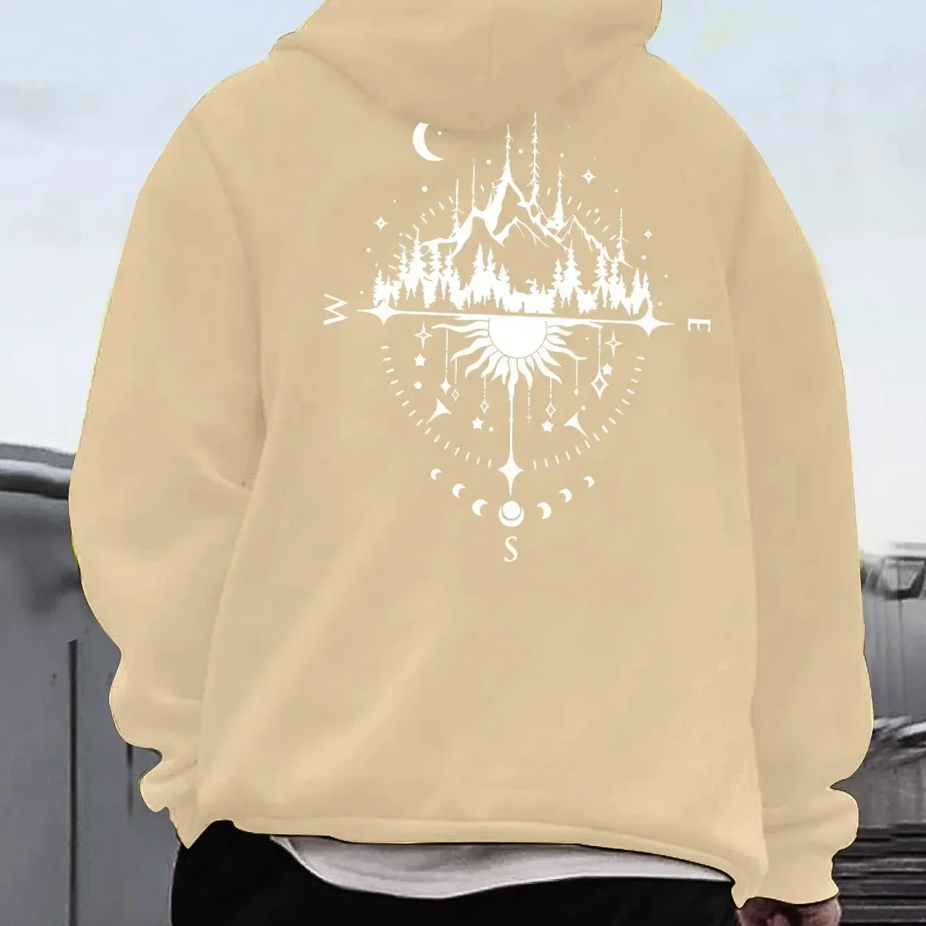Men's Pullover Hoodie with Compass, Mountain, Sun, and Star Pattern, Outdoor Adventure Style, Loose and Casual Sweatshirt.