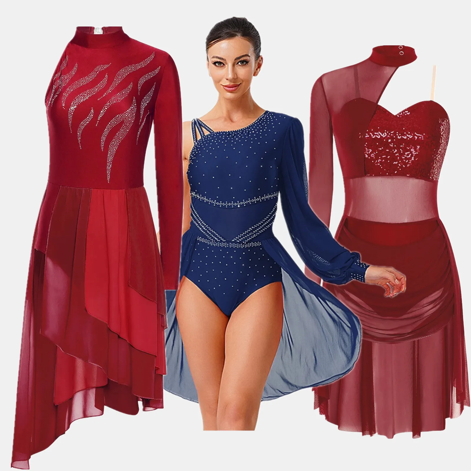 Womens Rhinestone Rhythmic Gymnastics Artistic Figure Skating Performance Costume Ballet Lyrical Latin Dance Leotards Dress