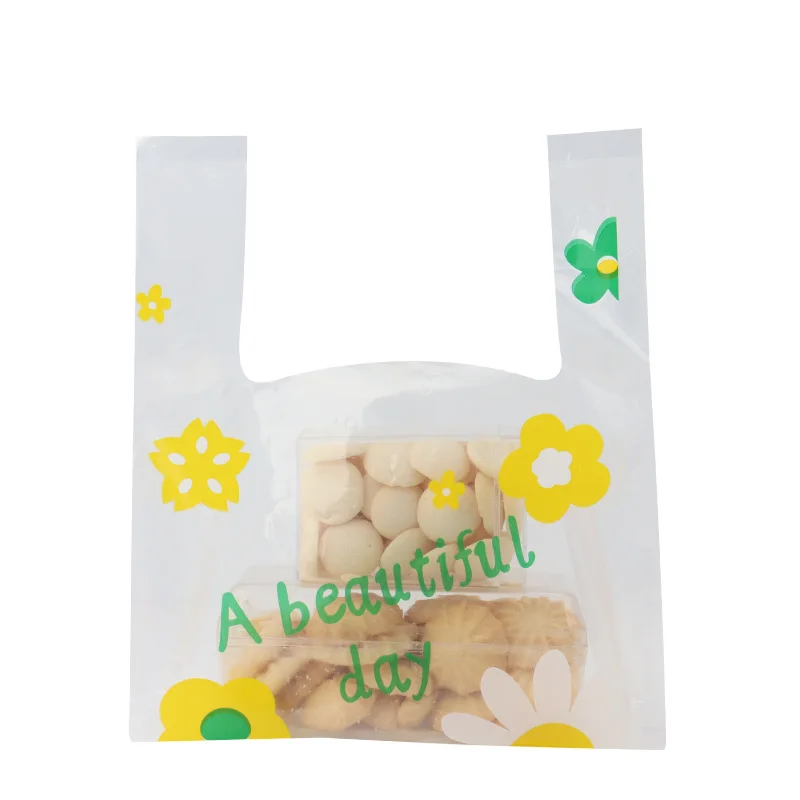 

50pcs/Lot Supermarket Plastic Bags Transparent Shopping Bag Handle Fruit Food Packaging Carry Out Bags