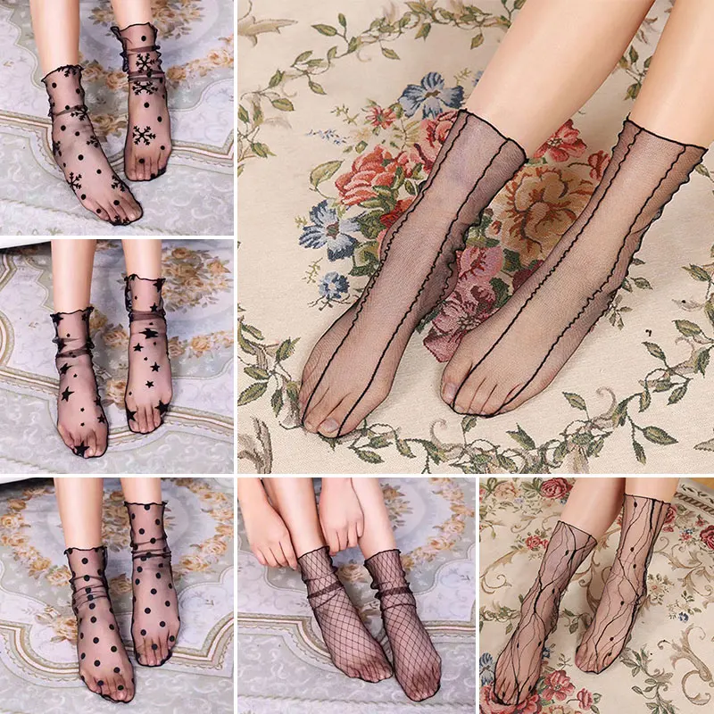 

Women Sexy Retro Black Lace Middle Tube Mesh Socks Female Ultrathin Breathable Dot Lace Floral Tulle Sock Transparent Ins Style