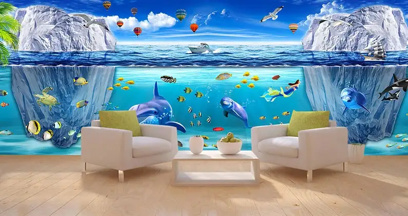 Underwater World Kids Wallpaper Cartoon Shark Dolphin Turtle Animal Peel and Stick Self Adhesive Non Woven Removable Children Wa