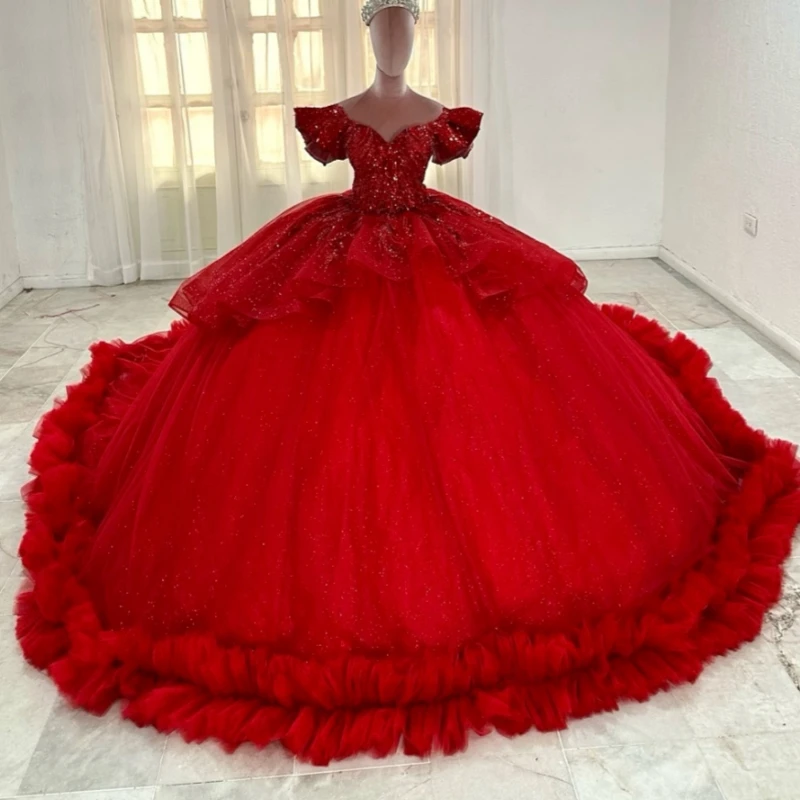

Red Shiny Quinceanera Dresses Ball Gown Off The Shoulder Lace Beading Crystal Tiered Tull Party Birthday Sweet 16 Dress Vestidos