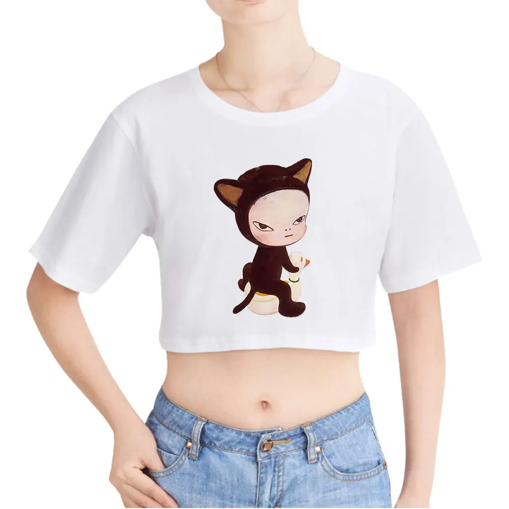 Yoshitomo Nara Cat Ride Duck Vintage 90s Crop Top Exposed Navel T-Shirt Oversize O-Neck Tops Funny Tshirt Top Women