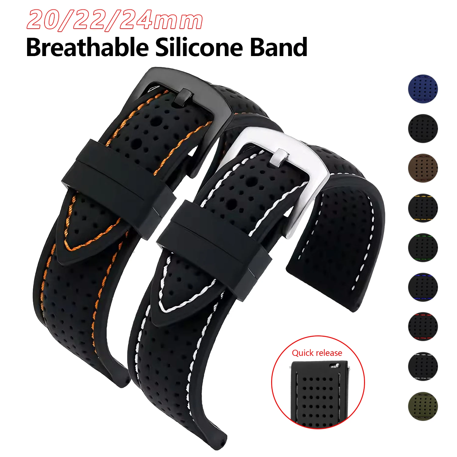 Soft Silicone Rubber Watch Strap 20mm 22mm 24mm Men Women Sport Waterproof Breathable Wrist Band Quick Release Bracelet