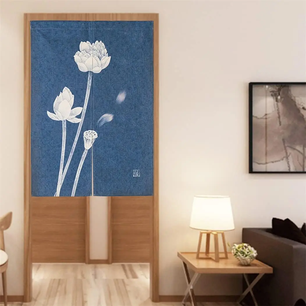 Elegant Indigo Lotus Noren Curtain, Minimalist White Lotus Print with Seed Pod, Rod Pocket Door Curtain for Home Tea Room Decor
