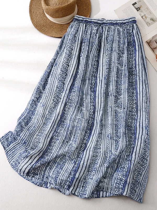 Summer 2026 New Vintage Cotton Linen Print A-Line  Skirt Women High Waist Loose Slimming Gentle Medium Length Skirt