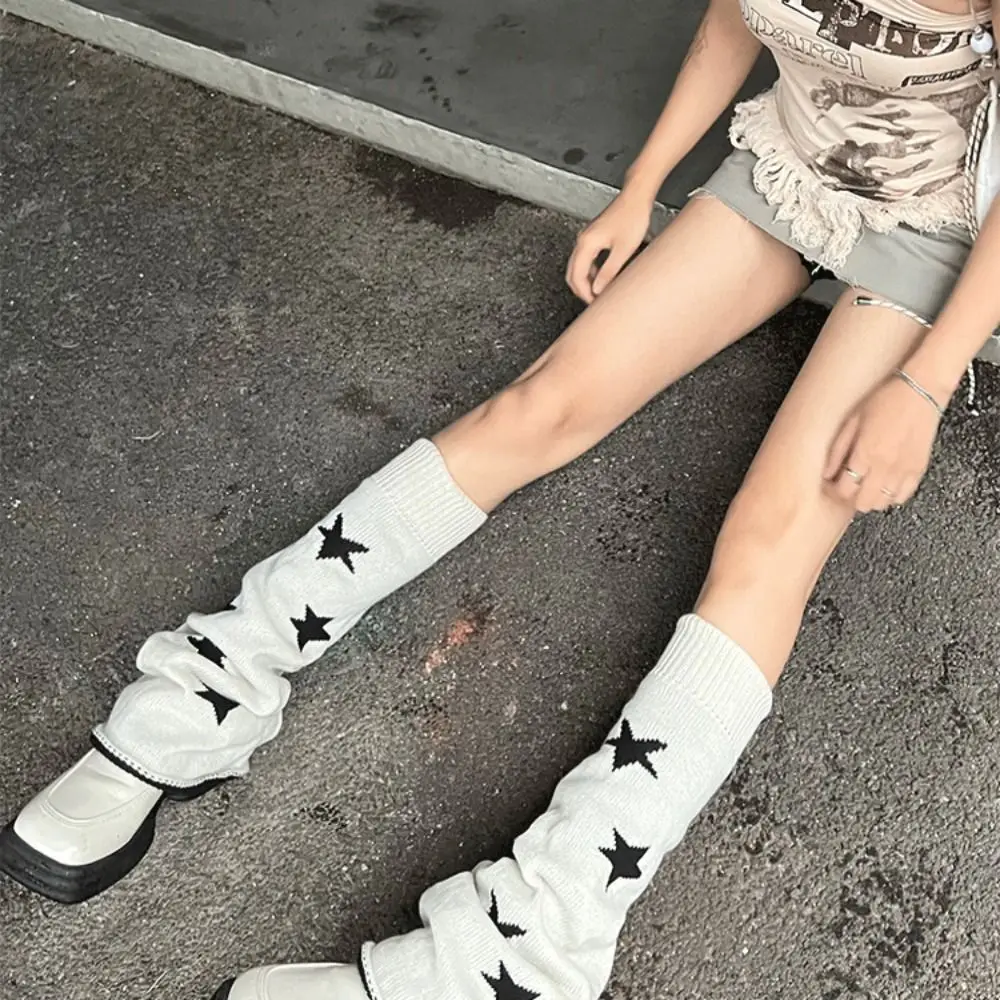 Asymmetric Knit Leg Warmers Lolita Style Double-sided Slouch Boot Cuffs Stacked Fit Slouchy Star Pattern Leg Covers