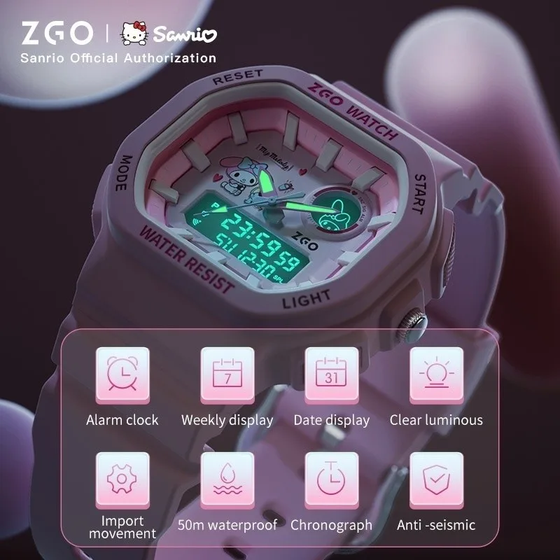 ZGO Sanrio My Melody นาฬิกาเด็กสําหรับเด็กผู้หญิง,น่ารัก Dual Display กีฬานาฬิกาอิเล็กทรอนิกส์,นาฬิกาดิจิตอลกันน้ําของขวัญ 810