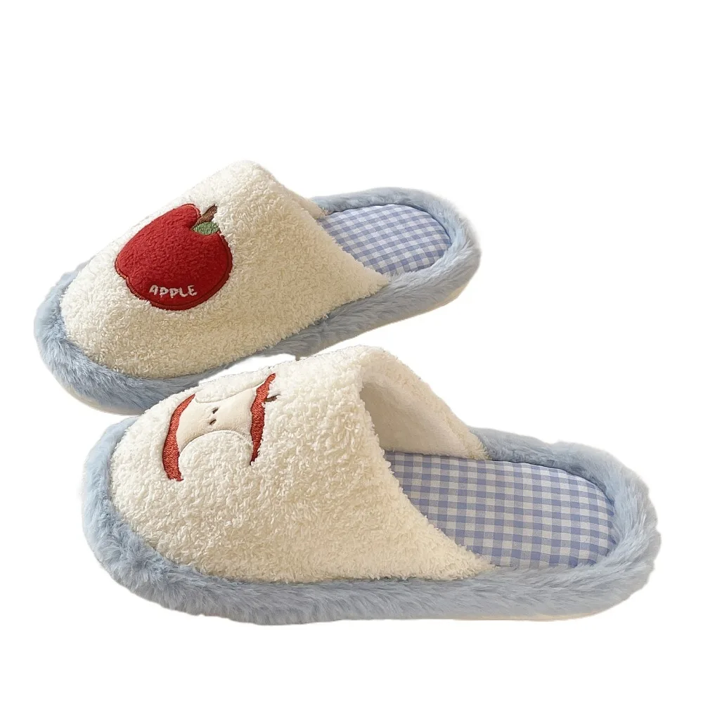 

Sweet Grid Stripe Cute Plush Slippers Non-Slip Soft Fruit Plush Slippers Casual Thick Sole Home Wear Shoes Indoor