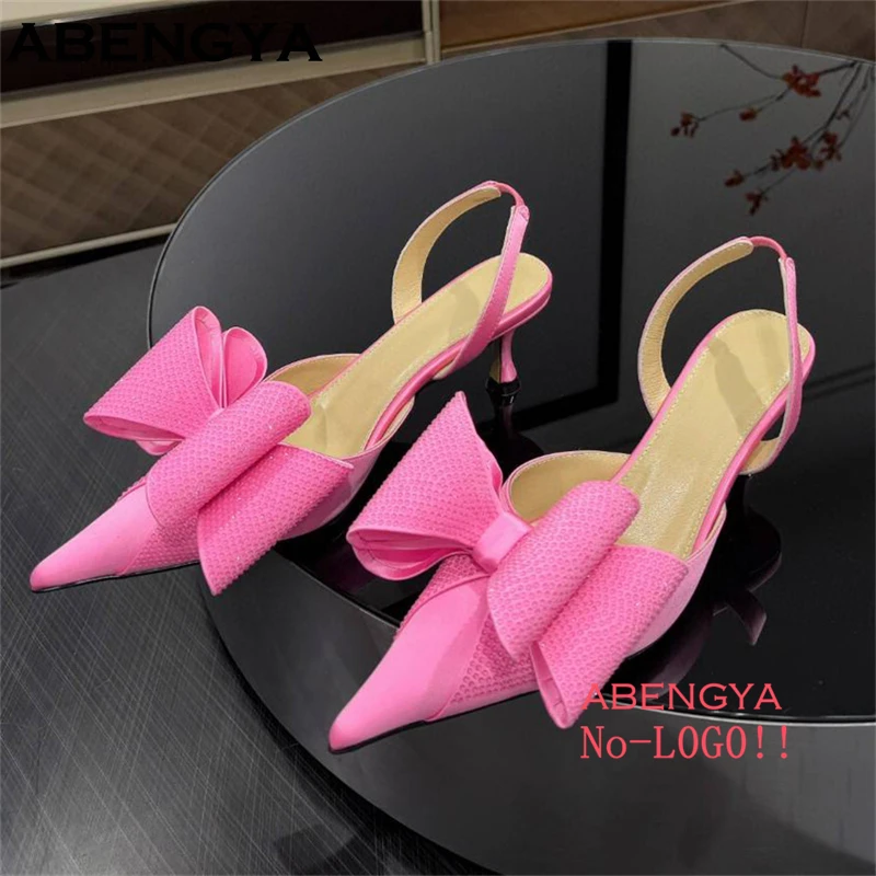 الصيف كريستال Bowknot أحذية عالية الكعب المرأة أحذية الحفلات الزفاف بوينت تو Slingback الصنادل النساء المصارع أحذية السيدات 2025