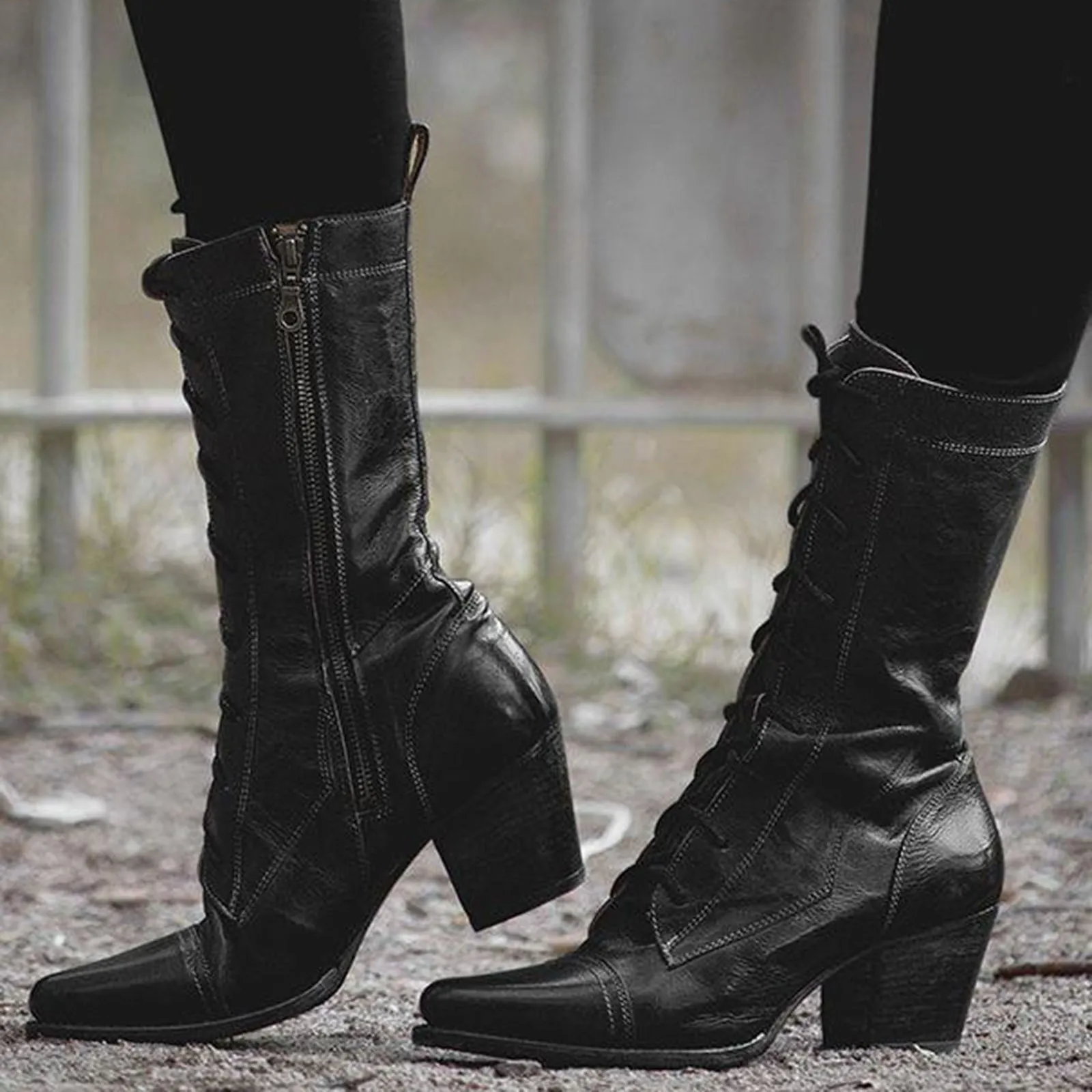 Women Mid Calf Boots Autumn Winter Fashion Retro Contrasting Colors Lace Up Pointed Toe Square Heel Western Knight Booties