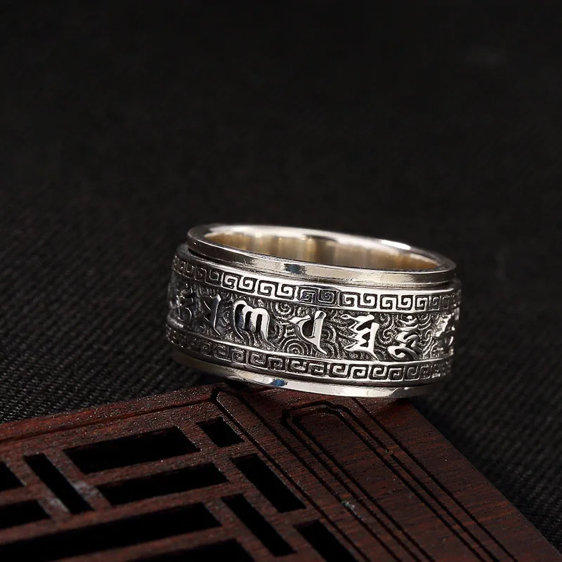 silver 925 ring for men and women rotatable trendy Six-character mantra retro ring exquisite relief jewelry gift