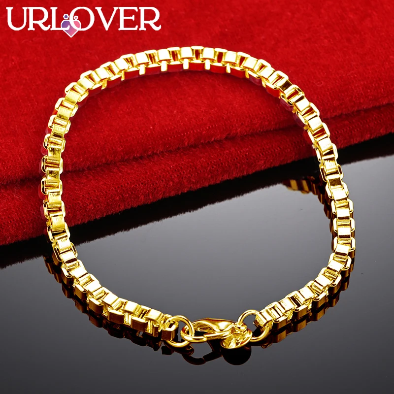 

URLOVER 24K Gold Bracelet 4MM Men Box Chain Bracelets For Woman Party Wedding Fashion Charm Jewelry Birthday Gift