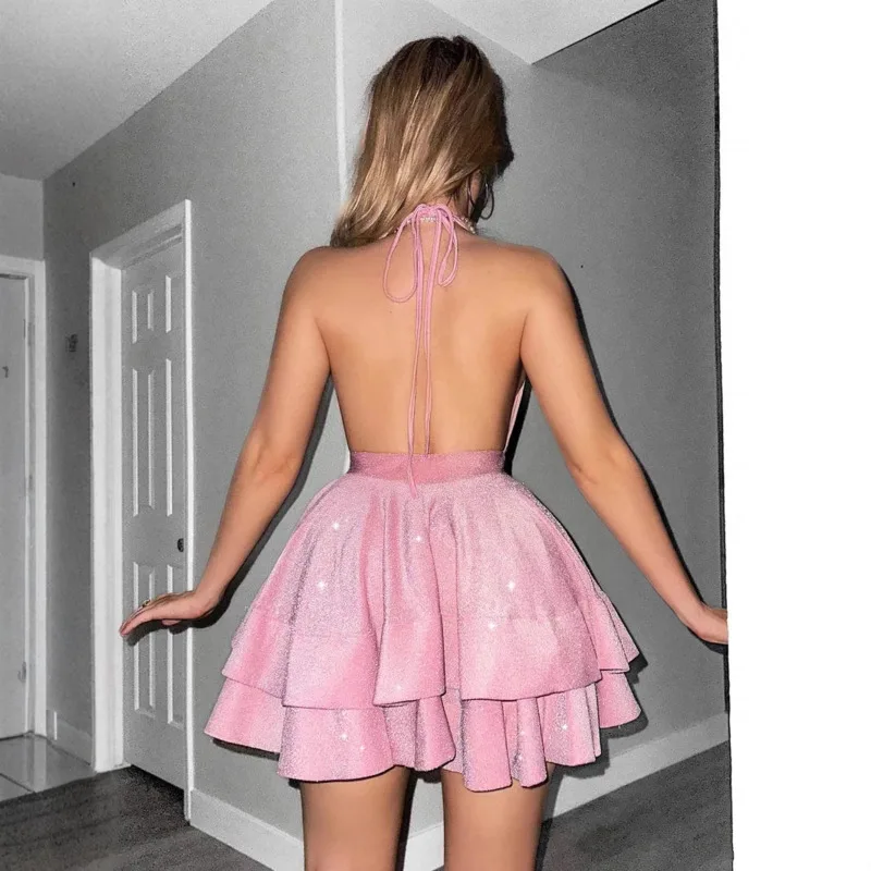 Mini vestido rosa con purpurina y escote en V profundo para mujer, vestido corto sin mangas con dobladillo con volantes y espalda descubierta, corte ajustado para fiesta, graduación, noche y cumpleaños