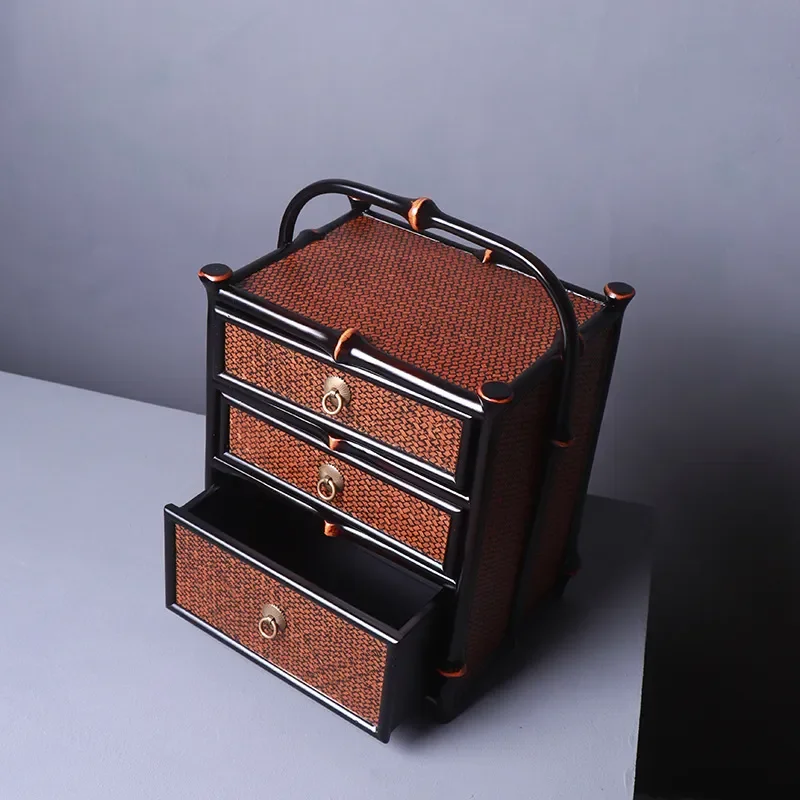 Retro Bamboo Woven Storage Cabinet Portable Tea Set Organizer Small Shelf With Drawers Natural Furniture Home Decor Display