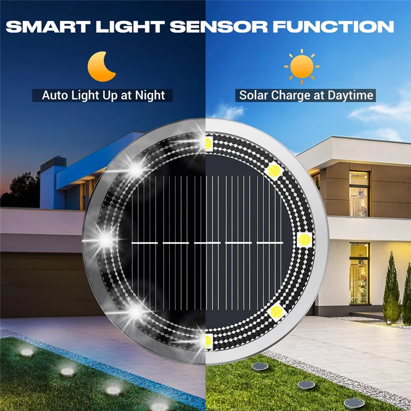 

ABCA-Anti-Rust Solar Ground Lights 8-Pack Cool White LED Disc IP65 Waterproof For Outdoor Landscaping