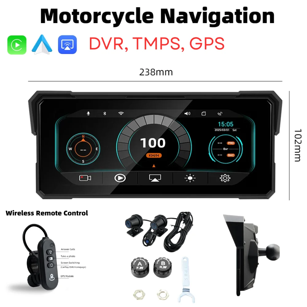 8.1" Wireless CarPlay Moto Android Auto GPS Motorcycle Navigation Portable Digital Dashboard TPMS Display Screen Monitor