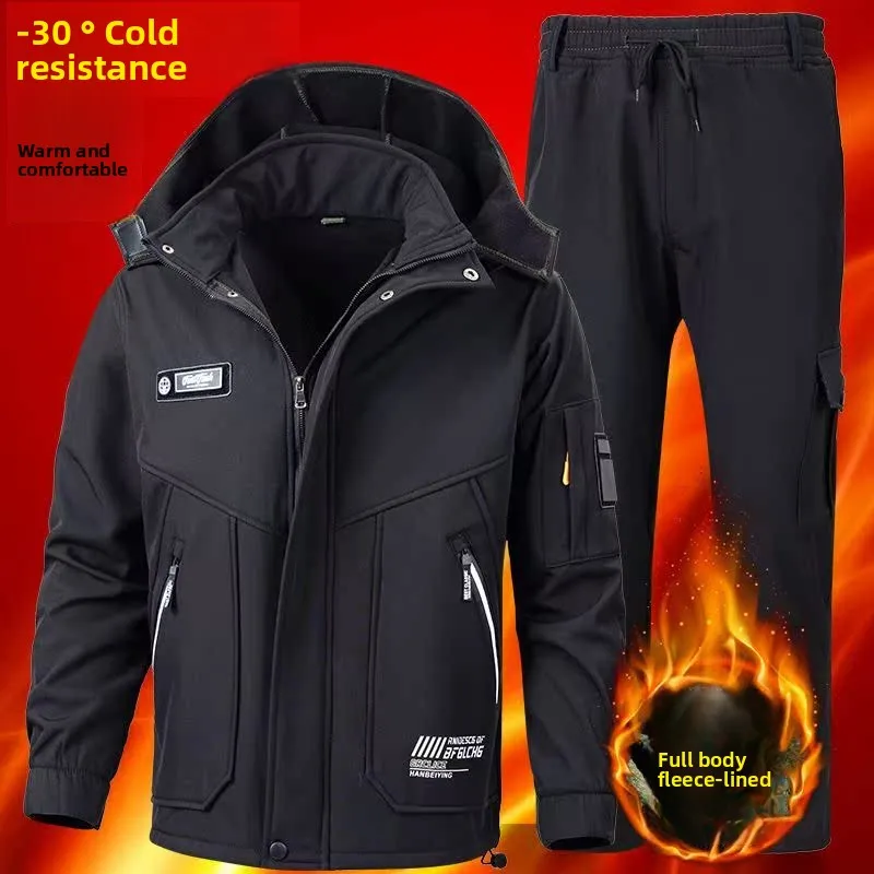 

Thiened Fce Autumn Winter Men's Outdoor Climbing Suit Windproof Waterproof Workwear Jaet And Pants Set for Cold Weather