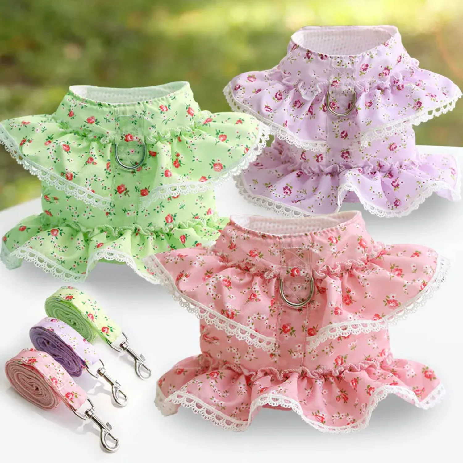 

Dog Cat Harness Leash Set Adjustable Lace Floral Printed Pet Harness Vest Cute Dog Clothes Puppy Mesh Harness Dog Accessories