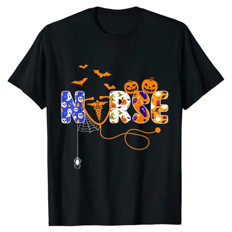 Halloween Nurse Nursing Cute Health Worker Halloween-Pattern T-Shirt Gifts for Mom Aunt Women's Fashion Tee Gothic Style Clothes