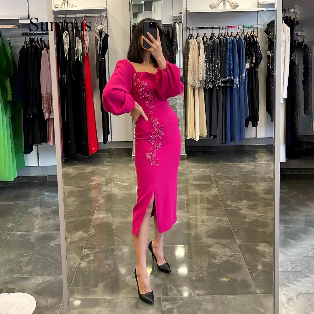 

Sumnus Pink Mermaid Midi Evening Party Dresses Long Sleeve Beads Spandex Satin Saudi Arabic Formal Dress Side Split Dubai Gowns