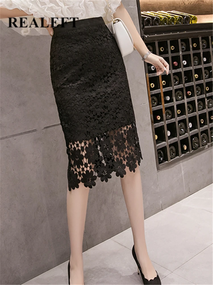 REALEFT Spring Summer Elegant Women's Lace Crochet Sheath Pencil Skirts 2022 New High Waist Female Wrap Sexy Office Midi Skirts