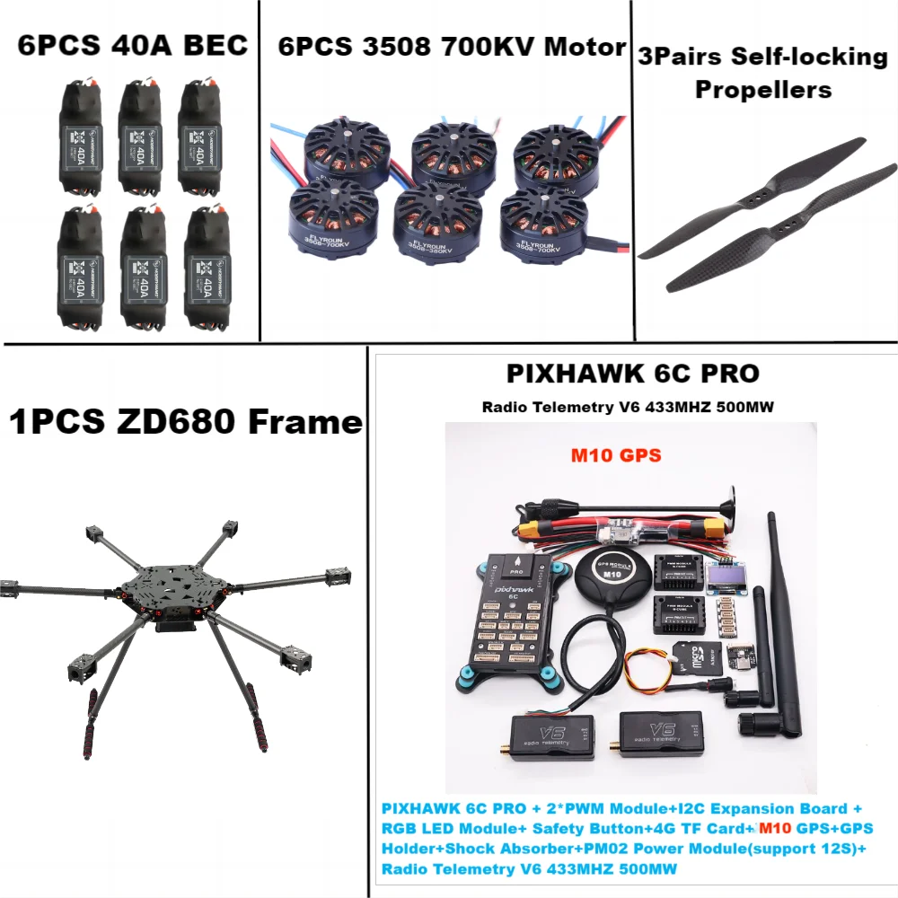 Kit de cadre HGouopter à bras pliable entièrement en fibre de carbone, PIXHAWK avec train d'atterrissage non flottant, bras hexa-rotor, ZD680 6C PRO M10