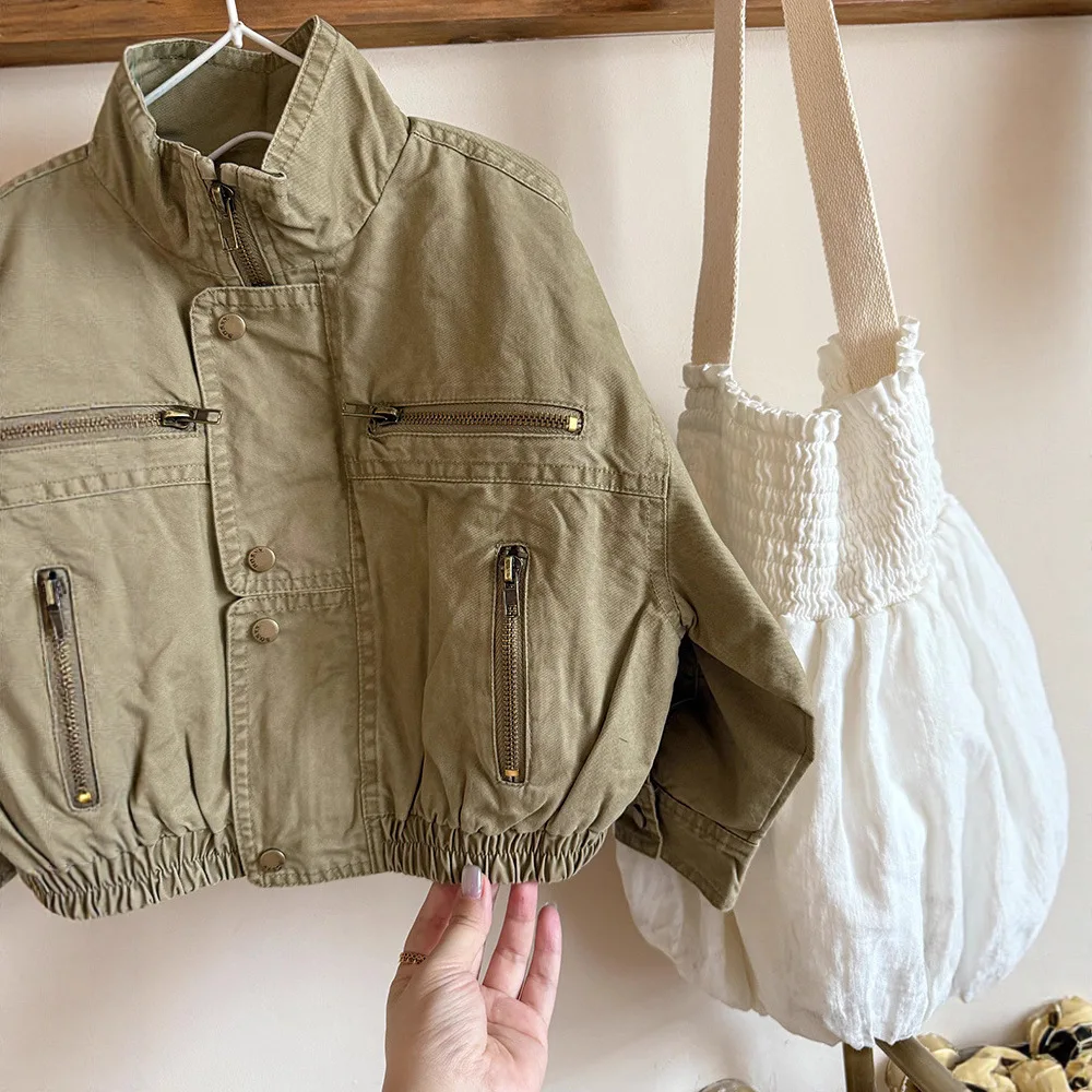 

2025 Autumn New Children's Washed Retro Jacket Japanese Boys and Girls Wasteland Style Zipper Jacket