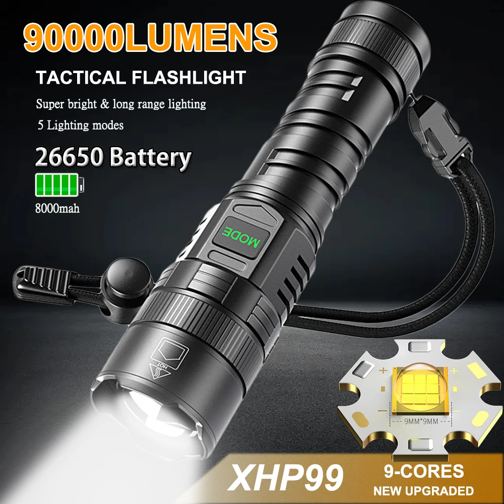 

Rechargeable led flashlight Super Bright Flashlight High Power XHP99 Torch Zoomable Tactical Flashlight with 5 modes Waterproof