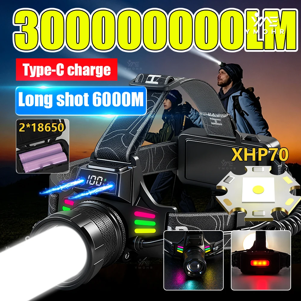 Outdoor Climbing Headlamp XHP70 LED Head Flashlight USB Rechargeable Headlight 18650 Battery Head Torch For Outdoor Hiking Light