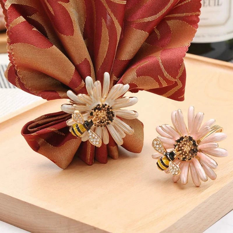 Daisy Flower Napkin Rings,Metal Bee Napkin Holders For Wedding Party Or Daily Use,Beautiful For Your Dinner Table Decor