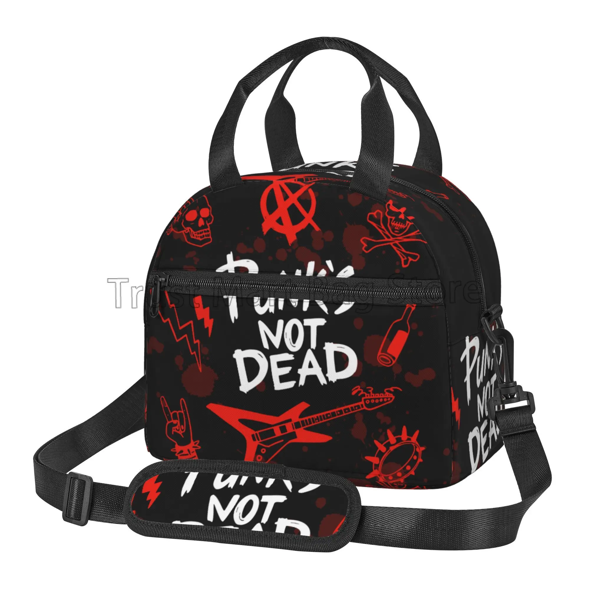 Punk Rock Set Skull Insulated Lunch Bag Punks Not Dead Words Red Black Reusable Waterproof Thermal Lunch Box with Shoulder Strap