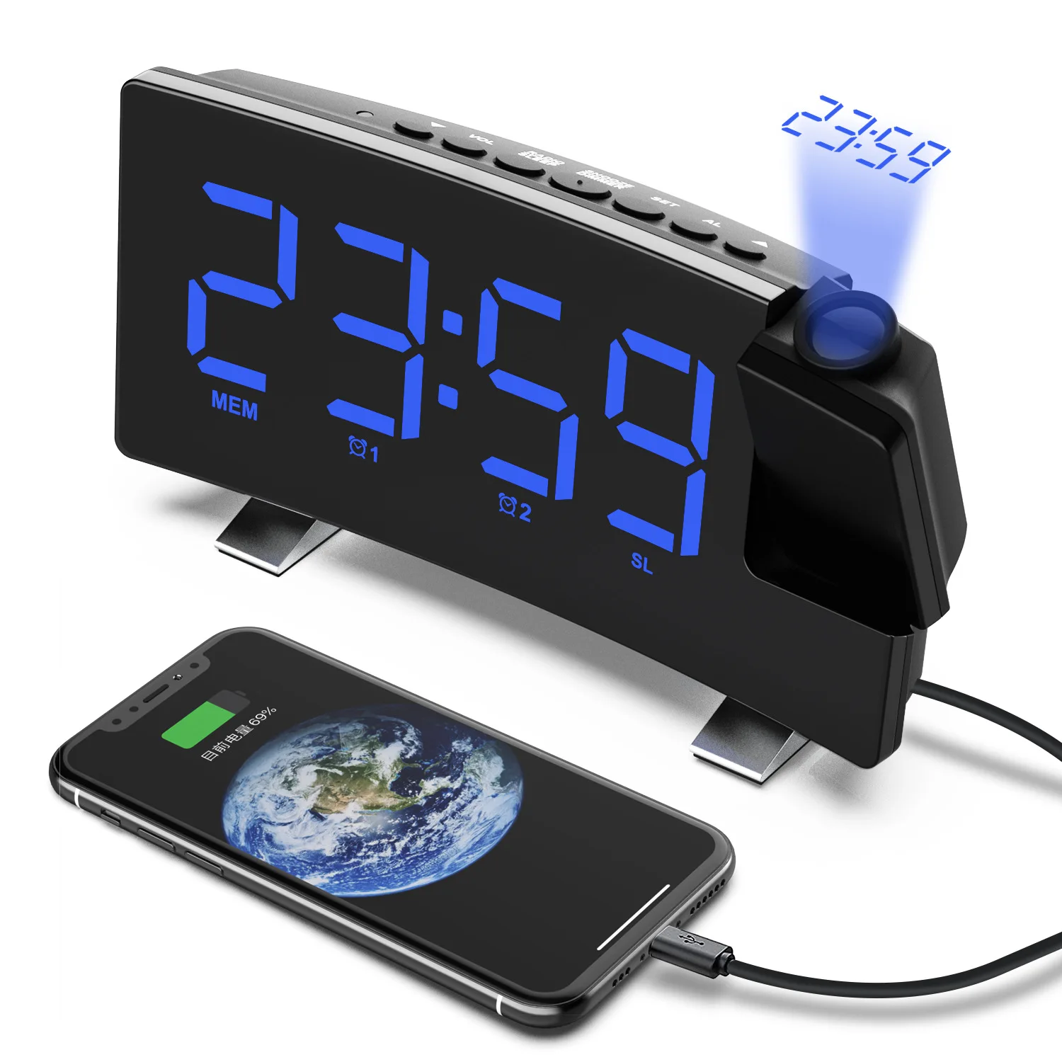 

Projection Digital Alarm Clock for Bedroom Large LED Alarm Clock Projection on Ceiling Wall 180°Projector for Heavy Sleeper New